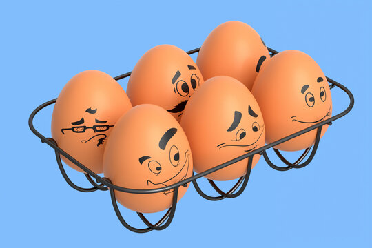 Farm brown egg with expressions and funny face in metal wire tray or cardboard