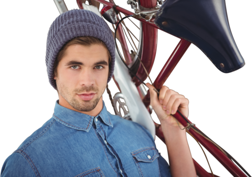 Portrait of hipster carrying bicycle