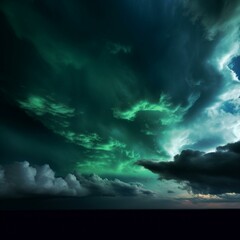 Fototapeta na wymiar Black green blue night sky with clouds. Dark dramatic skies background for design. Cloudy, rainy, windy, stormy weather. Or a frightening, spooky, creepy, nightmare concept. Generative AI
