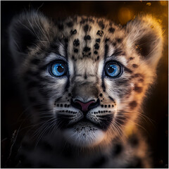 Cartoon Close up Portrait of a Cute Funny Baby Snow Leopard Closeup on a Colored Background Illustration Avatar for ui ux - Post-processed Generative AI
