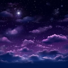 Purple night sky with fluffy clouds and stars. Fantastic sky background for design. Generative AI