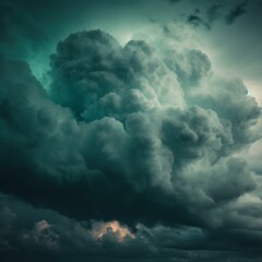 Dark teal cloudy sky. Night skies with clouds. Gloomy sky background for design. Dramatic ominous thunderstorm. Cloudscape. Generative AI