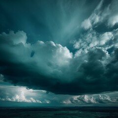 Fototapeta premium Dark teal cloudy sky. Night skies with clouds. Gloomy sky background for design. Dramatic ominous thunderstorm. Cloudscape. Generative AI