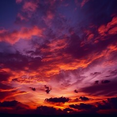 Fototapeta premium Orange red sunset. Dark violet blue evening sky with clouds. Background for design. Dramatic skies. Generative AI