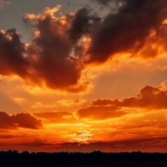 Yellow orange sunset view. Beautiful evening sky with clouds. Colorful background with space for design. Generative AI