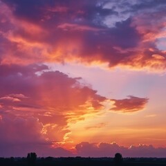 Fototapeta premium Yellow orange pink purple sunset. Beautiful evening sky with clouds. Background with space for design. Bright. Colorful. Fantastic. Generative AI