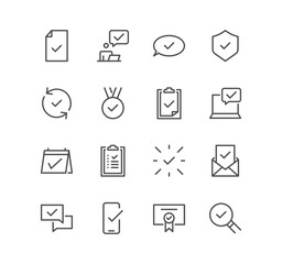Set of approve related icons, inspector, check, list, confirm and linear variety symbols.	