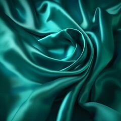 Blue green silk satin. Soft, wavy folds. Shiny fabric surface. Luxurious emerald green background with copy space for design. Web banner. Birthday, Christmas, Xmas, Valentine, holi Generative AI
