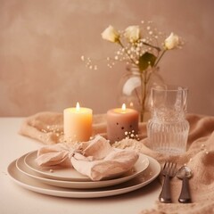 Fototapeta na wymiar Beautiful romantic table setting on beige background. Romantic dinner. Valentine's Day Generative AI