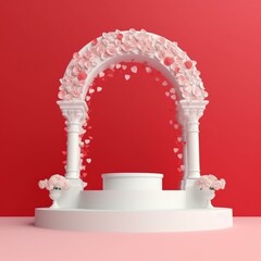 Abstract empty white podium with arch, hearts and rose flowers on red background. Mock up stand for product presentation. 3D Render. St valentines day ... Generative AI
