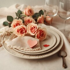 Beautiful romantic table setting on beige background. Romantic dinner. Valentine's Day Generative AI