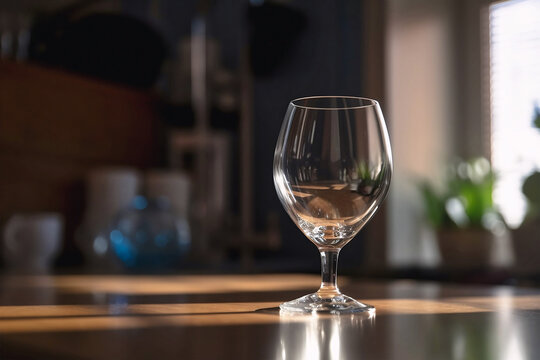 Single empty wine glass on kitchen counter. Generative AI illustration