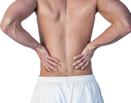 Man undergoing back pain against white background