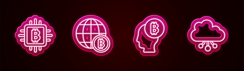 Set line CPU mining farm, Globe Bitcoin, think and Cryptocurrency cloud. Glowing neon icon. Vector