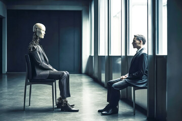 Man and AI robot both waiting for a job interview. Future concept. High quality generative ai
