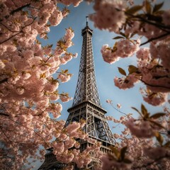 Paris, Eiffel Tower, blooming, pink sakura, spring greenery, millions of bright, red, pink rose petals, Easter bunny, petals, flowers, Easter eggs, joy, family warmth, traditions, Generative AI