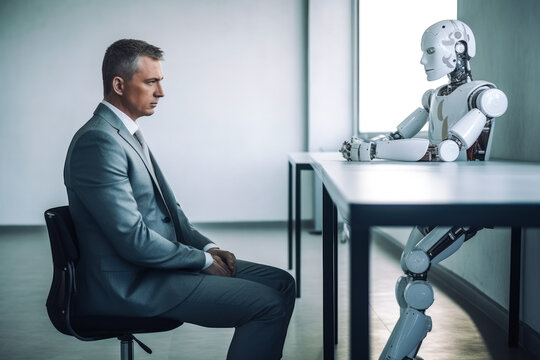 Man and AI robot both waiting for a job interview. Future concept. High quality generative ai