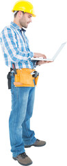 Full length of repairman using laptop