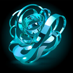 Fototapeta premium Abstract figure made of intertwined light blue shiny metallic ribbons, with glares and glow on dark background