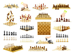 Chess as Strategy Board Game with Chessboard and Chess Pieces Big Vector Set - obrazy, fototapety, plakaty