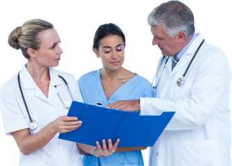 Doctors with nurse discussing over notes