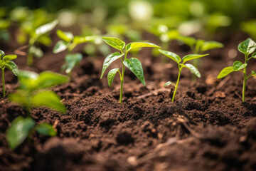 Pepper seedlings planted in the open land. Pepper plants at an early stage of development on a garden bed. Vegetables grown in an environmentally responsible manner, high quality generative ai