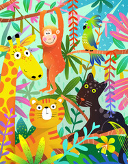 Animals in Colorful Wild African Jungle illustration for kids. Vibrant and playful intricate design of African animals in the rainforest. Detailed jungle vector graphic surface design for children.
