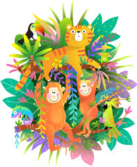 Playful Monkeys Hanging on Branch and Tiger in jungle or rainforest. Colorful modern graphic collage Illustration for Kids. Isolated vector design for childrens books, posters.