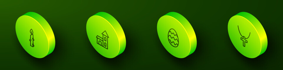 Set Isometric line Burning candle, Church building, Easter egg and Christian cross on chain icon. Vector