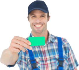Happy plumber showing green card