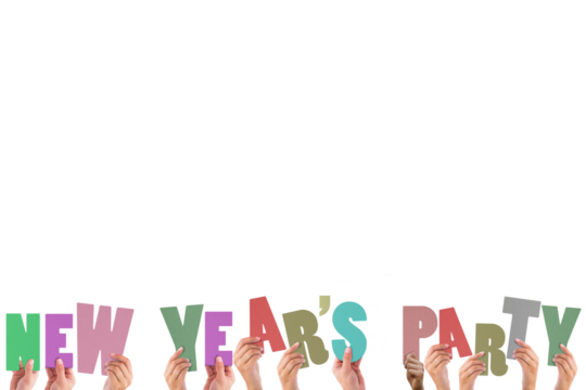 Colorful alphabet spelling new years party held up by people 