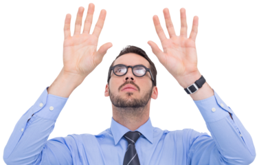 Businessman with arms raised and his fingers spread out