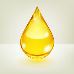 One big realistic water drop in yellow color with glares and shadow