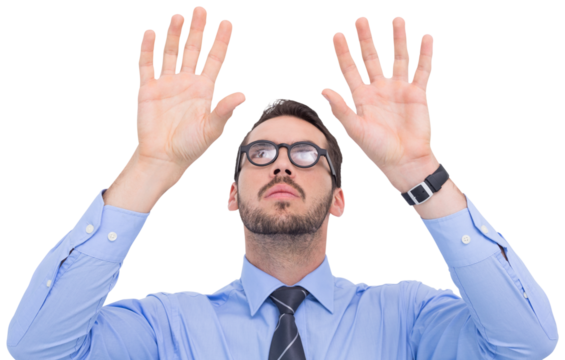 Businessman with arms raised and his fingers spread out - Powered by Adobe