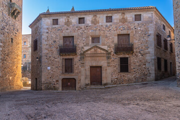 Fototapeta na wymiar View of the square named Plaza de los Golfines in this roman village namely the Old Town Area in Cáceres, Spain.