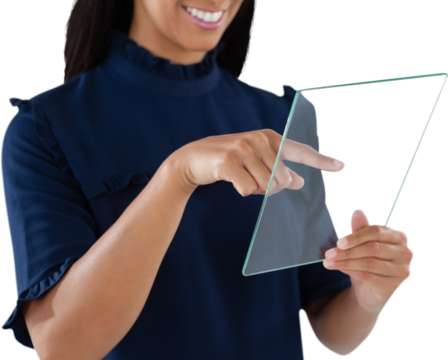 Mid section of smiling female executive using glass interface