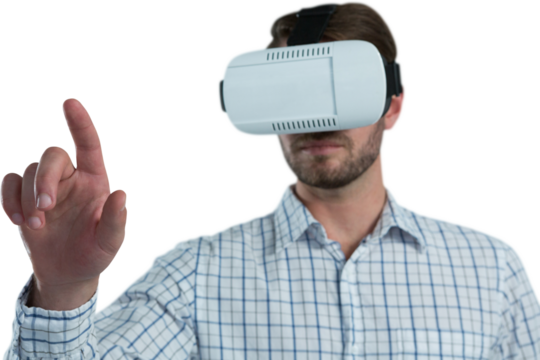 Man gesturing while using virtual reality headset