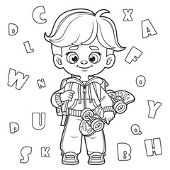 Cute cartoon boy with backpack holding skateboard in hand outlined for coloring page on a white background
