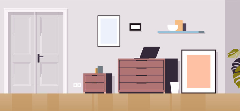 Living room interior furniture cabinet home drawer and room door concept flat illustration.	
