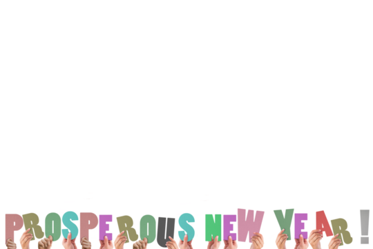 Colorful alphabet spelling prosperous new year held up by people 