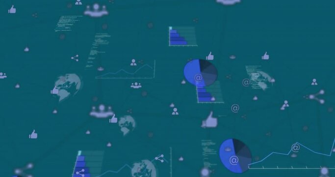 Animation of network of digital icons over data processing