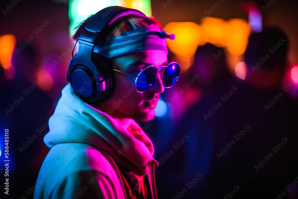 Wall mural DJ with headphones at night club party under the blue and pink neon lights with people crowd in background. High quality generative AI