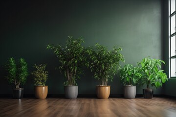 Potted plants decorate the empty living room with green walls and a hardwood floor. AI generated