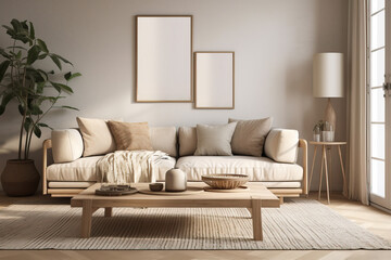 Scandi interior design with beige sofa,wooden boho table and carpet in modern coastal living room. AI generated