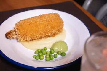 breakfast, lunch mashed potatoes with cutlet and green peas