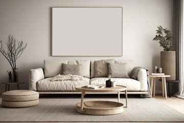Scandi interior design with beige sofa,wooden boho table and carpet in modern coastal living room. AI generated