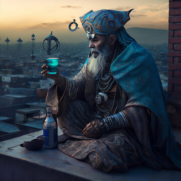 A Turkish sufi practitioner drinking mint tea on a rooftop