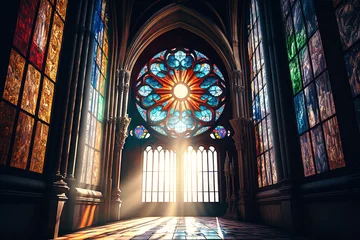 Papier Peint photo Coloré stained glass window of the cathedral with piercing rays of bright sunlight shining in the aisle, church, catholic generative ai  