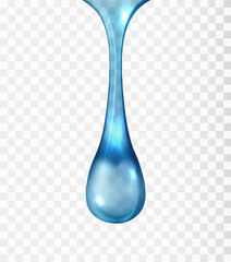 Blue liquid droplet isolated on transparent background. Realistic translucent cosmetic spa serum drop, vitamin, gel or lotion.