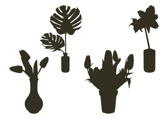 Vector silhouettes of flowers in a design vase. Tulip, amaryllis, monstera